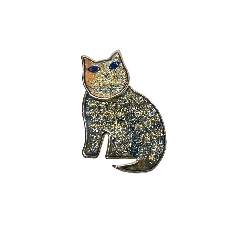 Vtg Resin Glitter Inlay Epoxy Cat Brooch Pin Metal Estate
